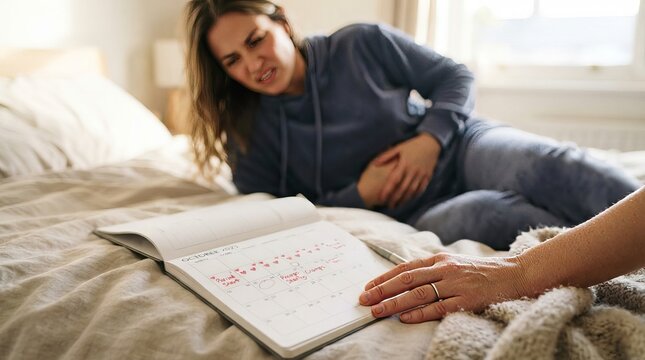 Woman lying on bed feeling abdominal pain while checking her menstrual cycle on a paper calendar.