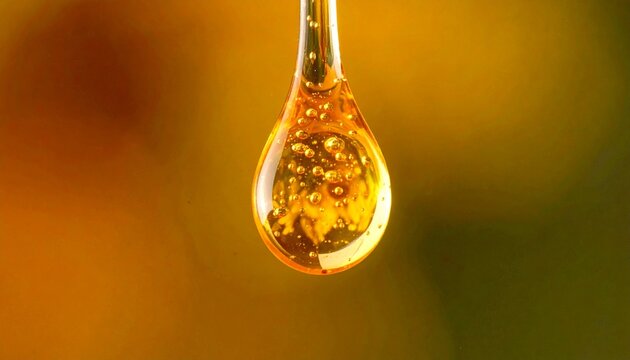 Pure golden honey or essential oil droplet falling with tiny bubbles macro close up against warm natural background