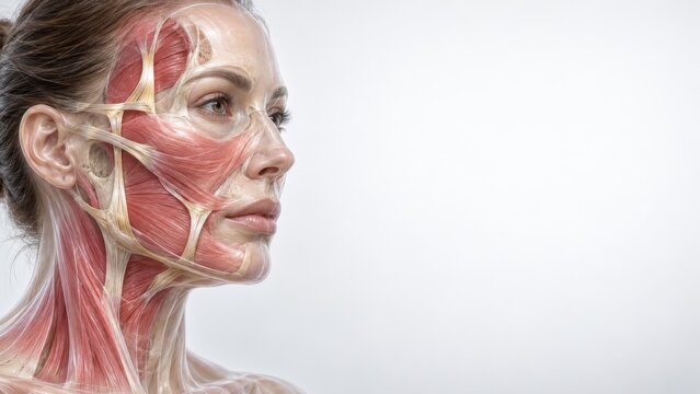 Detailed closeup of female face showing anatomy muscles and tendons educational medical illustration