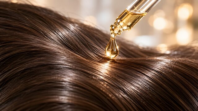 Macro hair serum droplets on healthy strands trichology product background