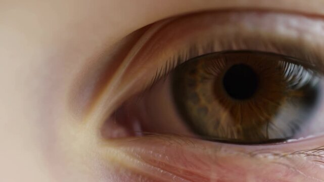 Extreme close-up of a brown human eye with subtle movement in the iris and pupil. Eye care advertising, optometry services, and ophthalmology education.