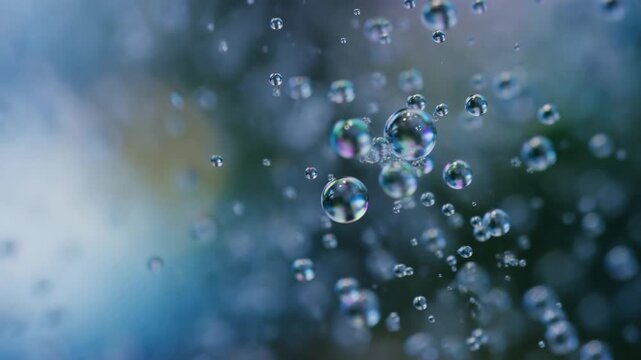 Floating bubbles drift upward through a softly blurred blue-green aquatic atmosphere. Wellness advertising, spa media, and water product branding.