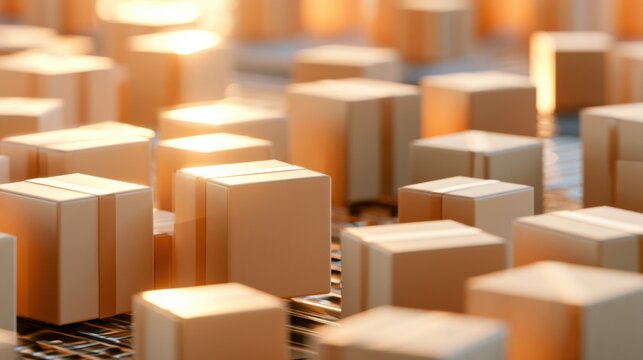 Generic packages are moving on a bright automated sorter in a fulfillment center under soft lighting. There is available copy space.