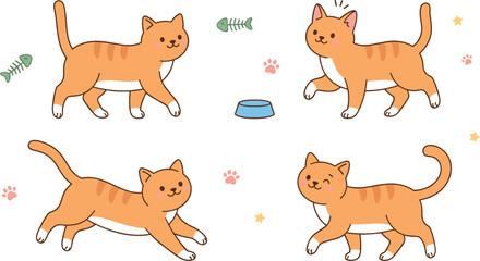 Fototapeta premium Cute ginger cat character set with funny orange kitten walking running playing stretching with fish bone food bowl paw print icons vector