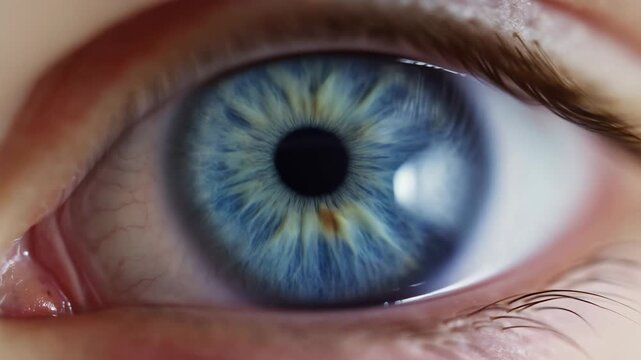 Blue human eye remains open in an extreme macro close-up with visible iris detail and catchlight. Eye care advertising, optometry services, and ophthalmology education.