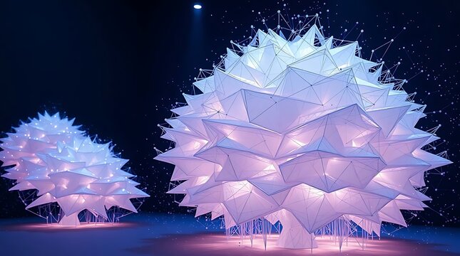 Geometric illuminated trees with glowing light patterns during a futuristic nighttime event against a dark background
