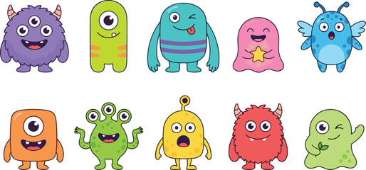 Cute little monster character vector set featuring funny colorful alien creatures with multiple eyes horns wings teeth and smiling expressions © SARIFA