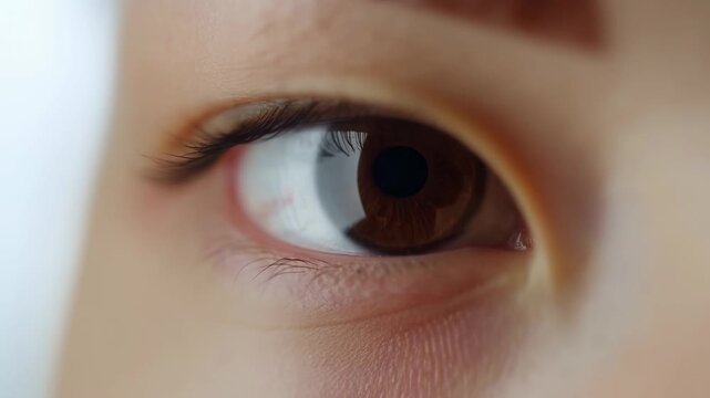 Extreme close-up of a brown human eye with visible iris detail and subtle eye movement. Optometry advertising, ophthalmology campaigns, and vision care promotion.