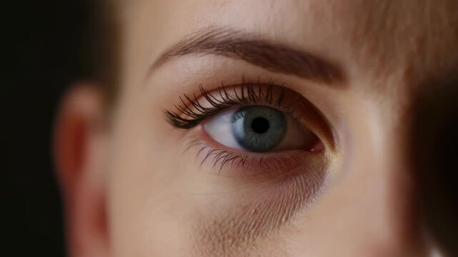 Human eye opening in an extreme close-up and looking toward the camera. Eye care advertising, optometry services, and ophthalmology education.