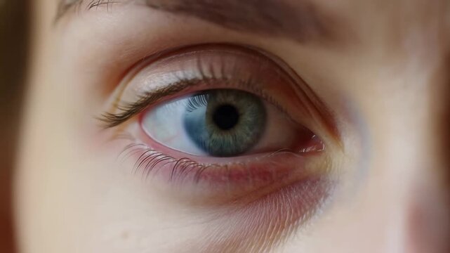 Extreme close-up of a green-gray human eye with subtle eyelid movement and detailed iris texture. Ophthalmology education, optometry advertising, and eye care campaigns.