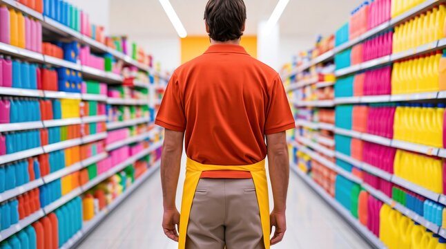 Rear view of a store employee wearing orange shirt and yellow apron in shop