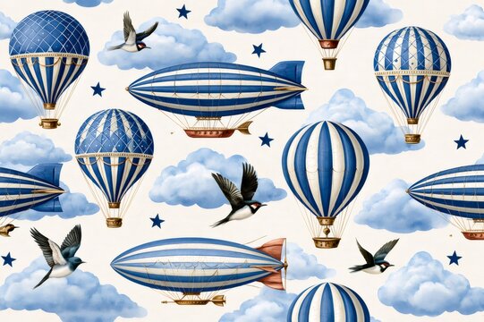 Vintage hot air balloons and dirigibles flying in sky