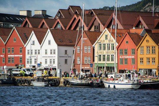 Bergen / Norway - 23 Agustus 2026: Colorful old Hanseatic houses of Bergen