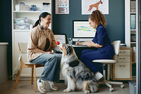 Caucasian young adult woman with dog consulting female Caucasian veterinarian writing notes during appointment. Useful for veterinary clinic services, pet insurance and animal healthcare campaigns