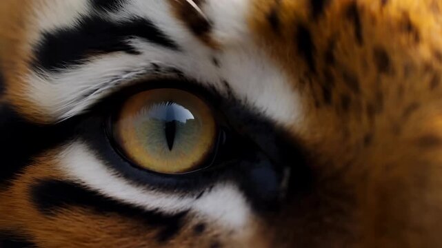 Tiger eye staring in an extreme close-up of striped facial fur and whiskers. Wildlife documentaries, animal conservation campaigns, and zoology education.