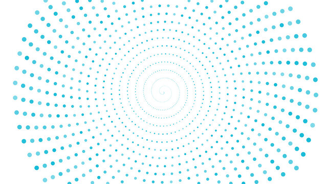 Abstract spiral pattern made of glowing cyan dots arranged in concentric circles on a dark black background, for digital projects