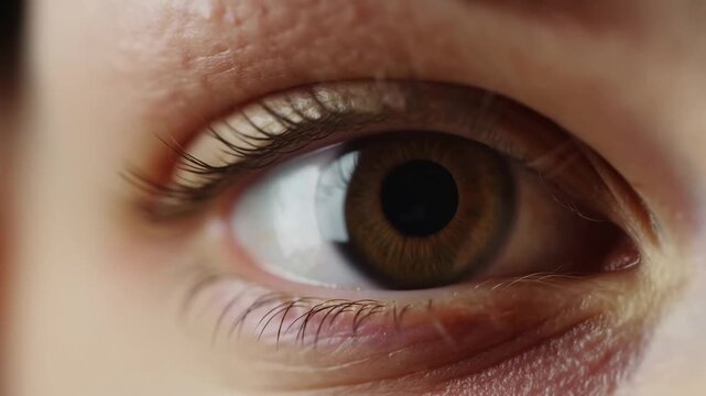 Extreme close-up of a brown human eye with subtle movement, visible iris, pupil, eyelashes. Eye care advertising, optometry services, and ophthalmology education.