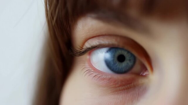 Extreme close-up of a blue human eye blinking against a light neutral background. Eye care advertising, optometry services, and ophthalmology education.