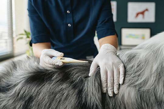 Caucasian veterinarian holding digital thermometer while examining furry dog in clinic. Useful for veterinary healthcare promotions, pet wellness concepts, animal clinic advertising