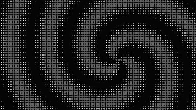 Monochrome halftone spiral pattern background, with black and, white circular dots, creating a hypnotic, vortex effect with, varying dot sizes
