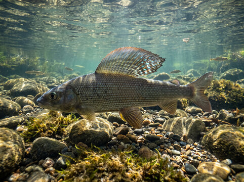 Grayling fish swimming underwater in a clear freshwater river