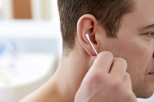 Close-up man cleaning his ear with a cotton swab, common personal hygiene habit with copy space for hearing care, ear safety warnings, health campaigns and medical content