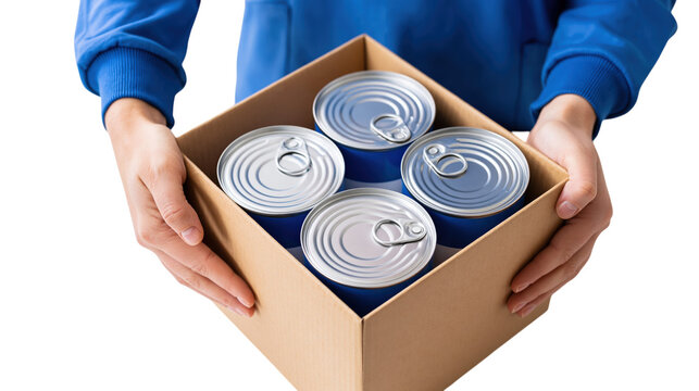 Hands holding cardboard box with four blue canned food tins isolated on transparent background PNG element