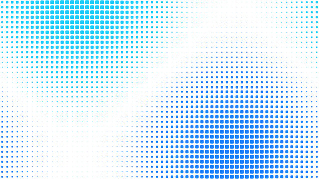 Abstract halftone pattern with square pixels in blue and black gradients creating a digital pixelated texture for technology backgrounds