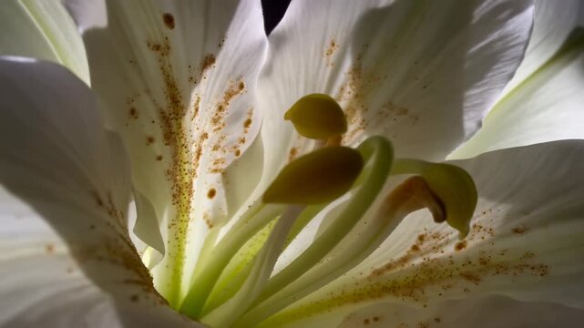 Extreme close-up of white flower stamens, yellow anthers, and pollen inside overlapping petals. Botany education, plant biology presentations, and pollination documentaries.