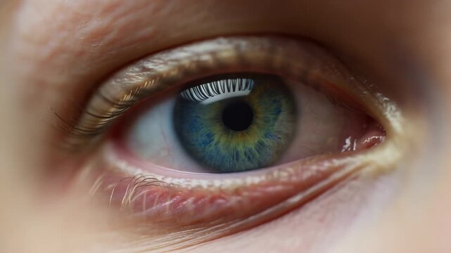 Extreme close-up of a blue-green human eye gazing toward the camera in a macro facial view. Ophthalmology advertising, optometry services, and eye care campaigns.