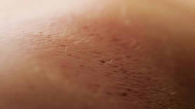 Extreme macro view of human skin texture with fine body hair moving across a softly focused surface. Dermatology education, skincare advertising, and cosmetic product promotion.