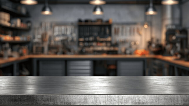 Metal workbench in a blurred workshop interior for product display showcase