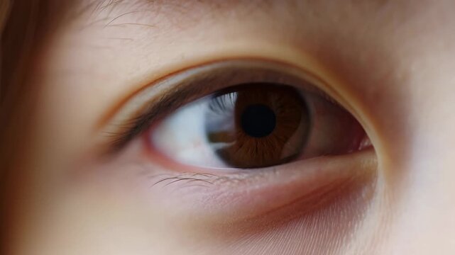Extreme close-up of a brown human eye opening within a detailed facial scene. Ophthalmology advertising, optometry services, and eye care campaigns.