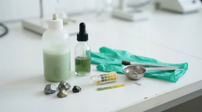 Laboratory tools including frother bottles, droppers, pH strips, mineral ore chips, nitrile gloves and a measuring scoop arranged on a clean workbench