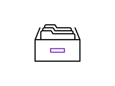 A simple line art depiction of an open file folder with a purple tab and stacked documents inside.
