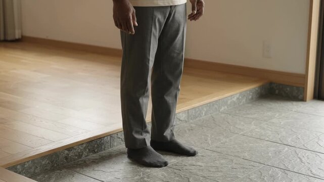 Lower Body of a Man in Socks Approaching a Tiled Step on a Hardwood Floor