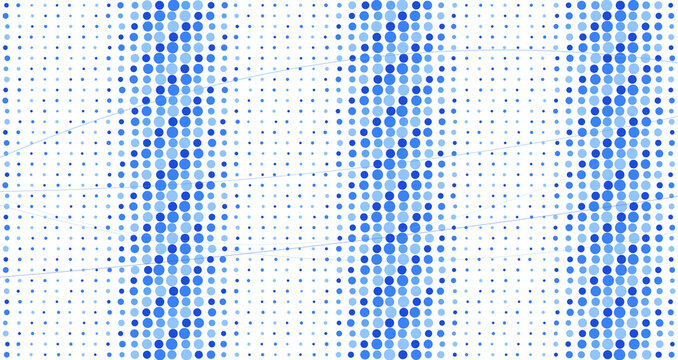 Abstract pattern of blue dots arranged in vertical columns with thin intersecting lines on a black background, for digital data visualization