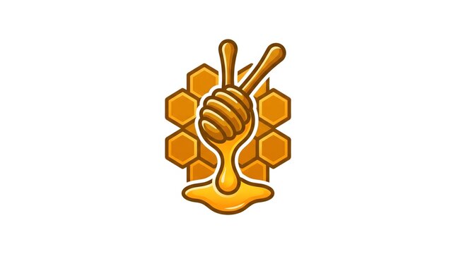 vector illustration of a honey dipper with dripping sweet honey and a golden honeycomb pattern background