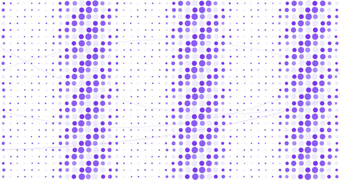 Abstract pattern of purple and white dots in vertical columns with thin intersecting lines on a black background, for digital technology
