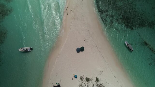 Aerial view of Los Roques sandbar with boats, Venezuela.