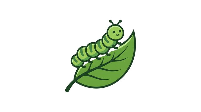 Cute cartoon illustration of a happy green caterpillar crawling on a fresh green leaf, isolated on a white background.