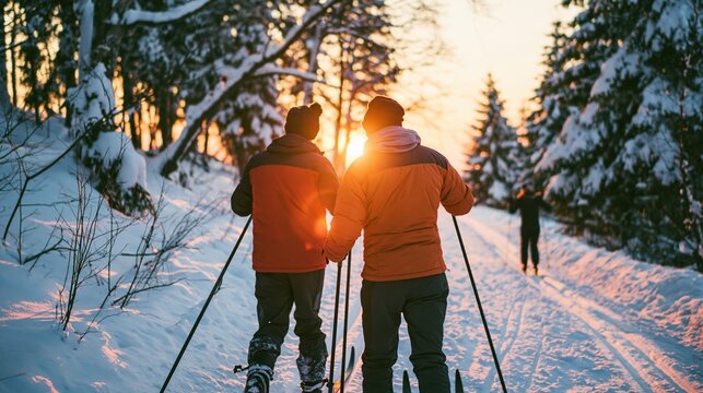 Two Men Cross Country Skiing Through Snowy Forest at Sunset