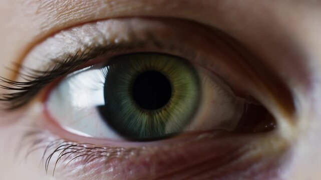 Extreme close-up of a human eye with a green iris and subtle gaze movement in an indeterminate setting. Eye care advertising, optometry services, and ophthalmology education.