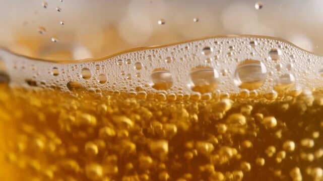 Carbonated golden beverage effervesces with rising bubbles and foam in macro close-up. Beverage advertising, drink product promotion, and refreshment campaigns.