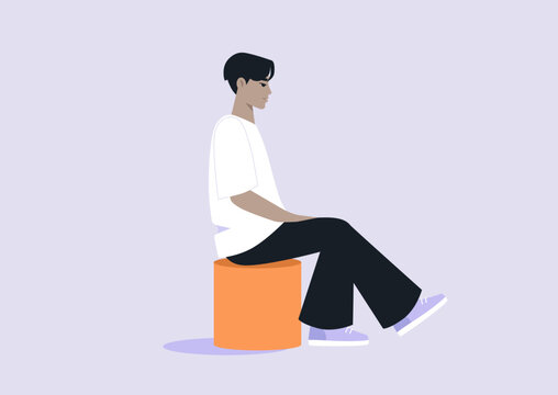 In a cozy, modern space, a person sits thoughtfully on a bright pouf, Their relaxed posture reflects a moment of introspection, surrounded by soft pastel colors that create a peaceful atmosphere.