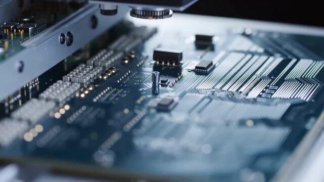 Automated machinery places electronic components on a printed circuit board in a manufacturing facility. Electronics industry advertising, industrial automation presentations.