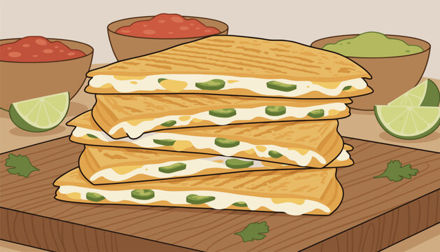 Stack of warm grilled quesadillas filled with cheese and jalapenos sits on a wooden cutting board served with fresh salsa, guacamole, and lime wedges.