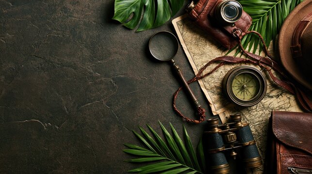 Growth and Curiosity Vintage Exploration Flat Lay with Old Map Compass Magnifying Glass Binoculars Retro Camera Tropical Leaves