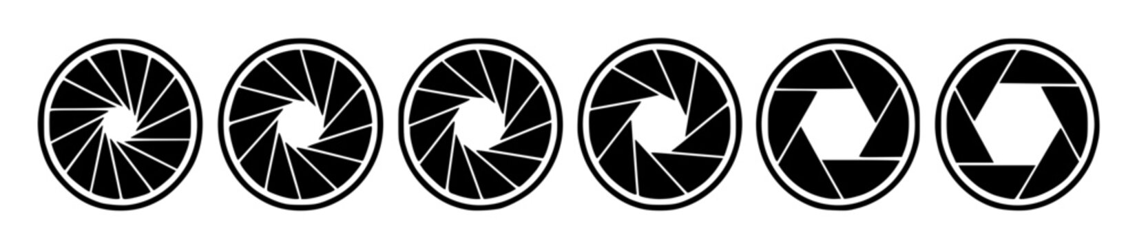 Set of six minimalist camera aperture diaphragm icons arra set with simple line art design featuring sketches, drawings, vector graphics with minimalist and simple illustrations