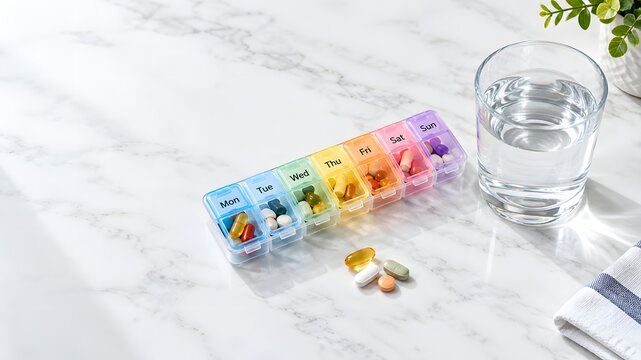 Rainbow weekly pill organizer on marble surface, colorful daily medication box with glass of water, healthcare supplement routine for wellness